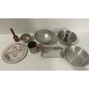 Vintage Aluminum Metal Toy Colander Pans Plate Cups Lot Of 8 Child’s Play
